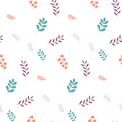 Hand drawn cute seamless pattern with leaves icons. Colored rustic doodle elements on the white background.