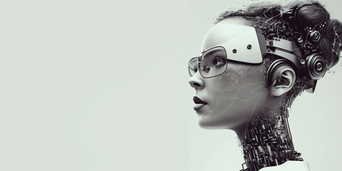 Profile portrait of robot bot ai with connected glasses white background. Synthetic humanoid robot, artificial intelligence.Portrait of gynoid,futuristic cyborg. Banner with space for text, copy space