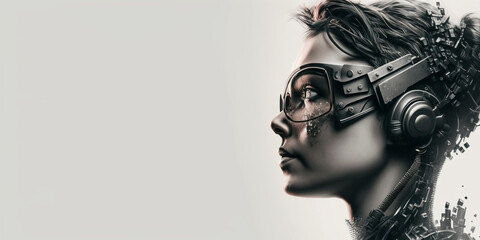 Profile portrait of robot bot ai with connected glasses white background. Synthetic humanoid robot, artificial intelligence.Portrait of gynoid,futuristic cyborg. Banner with space for text, copy space