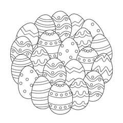 Easter eggs circle shape coloring page. Ornamental doodle eggs mandala for coloring book. Line art print. Vector illustration