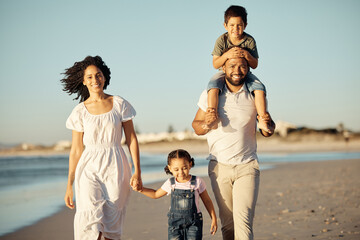 Happy, beach and walking with family at sunset on holiday for love, summer and travel together. Smile, nature and sunshine with portrait of parents and children on Miami Florida vacation by the sea - obrazy, fototapety, plakaty