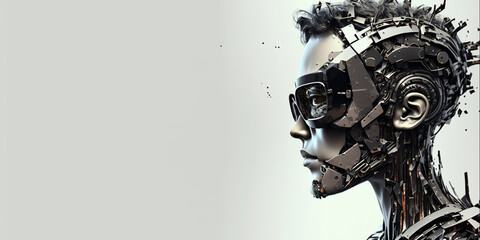 Profile portrait of robot bot ai with connected glasses white background. Synthetic humanoid robot, artificial intelligence.Portrait of gynoid,futuristic cyborg. Banner with space for text, copy space