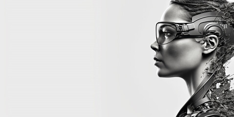 Profile portrait of robot bot ai with connected glasses white background. Synthetic humanoid robot, artificial intelligence.Portrait of gynoid,futuristic cyborg. Banner with space for text, copy space