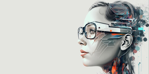 Profile portrait of robot bot ai with connected glasses white background. Synthetic humanoid robot, artificial intelligence.Portrait of gynoid,futuristic cyborg. Banner with space for text, copy space