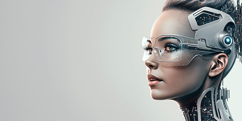 Profile portrait of robot bot ai with connected glasses white background. Synthetic humanoid robot, artificial intelligence.Portrait of gynoid,futuristic cyborg. Banner with space for text, copy space