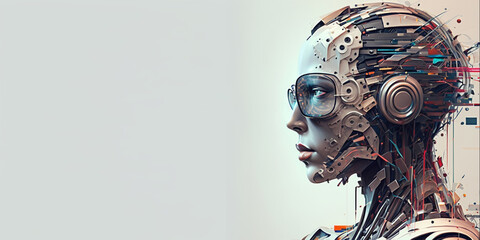 Profile portrait of robot bot ai with connected glasses white background. Synthetic humanoid robot, artificial intelligence.Portrait of gynoid,futuristic cyborg. Banner with space for text, copy space
