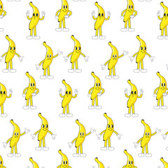 Vector seamless pattern. Banana cartoon groovy on a white background. World travel vector concept. Modern illustration with legs and arms.