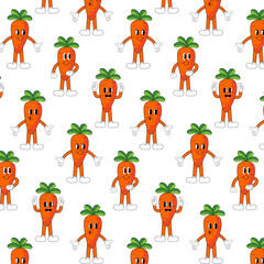 Vector seamless pattern. Carrot cartoon groovy on a white background. World travel vector concept. Modern illustration with legs and arms.