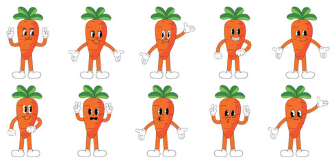 A set of carrot cartoon groovy stickers with funny comic characters, gloved hands. Modern illustration with legs and arms.