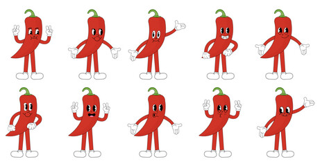 A Set of pepper chili cartoon groovy stickers with funny comic characters, gloved hands. Modern illustration with legs and arms.