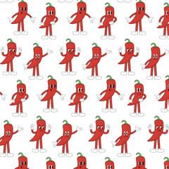 Vector seamless pattern. Pepper chili  cartoon groovy on a white background. World travel vector concept. Modern illustration with legs and arms.