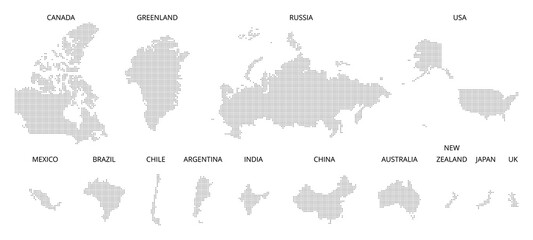 Countries Map Dotted pattern (dot pattern). Map illustration. Vector Image. USA, China, India, Australia, Russia, Canada, Mexico, Brazil, Argentina, Greenland	