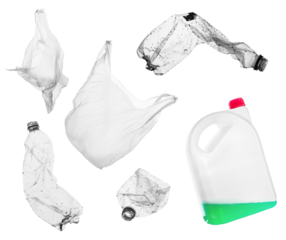 Plastic waste and garbage bundle set such as bottles, bag and container. Isolated on transparent background