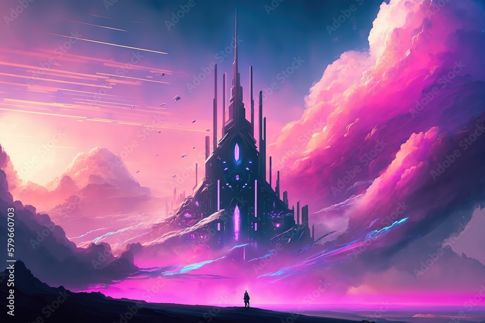 Poster The mysterious old castle stands on a hill in the rays of a purple glow. Generative AI