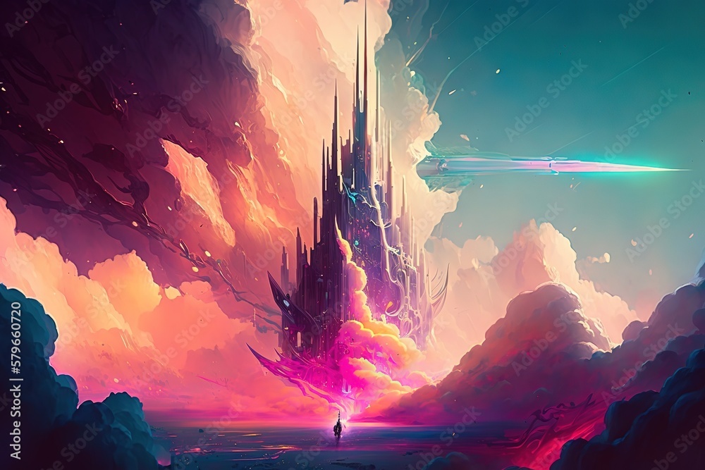 Aufkleber the mysterious old castle stands on a hill in the rays of a purple glow. generative ai