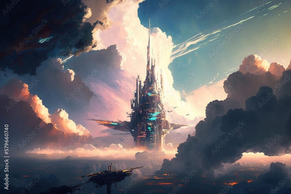 Aufkleber The mysterious old castle stands in the air clouds in the blue sky. Generative AI