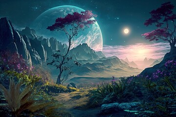 Obraz na płótnie Canvas Stunning Night extraterrestrial scene. Huge mountains against Starry sky. Fantasy landscape. Alien planet. Photorealistic Generative AI illustration.
