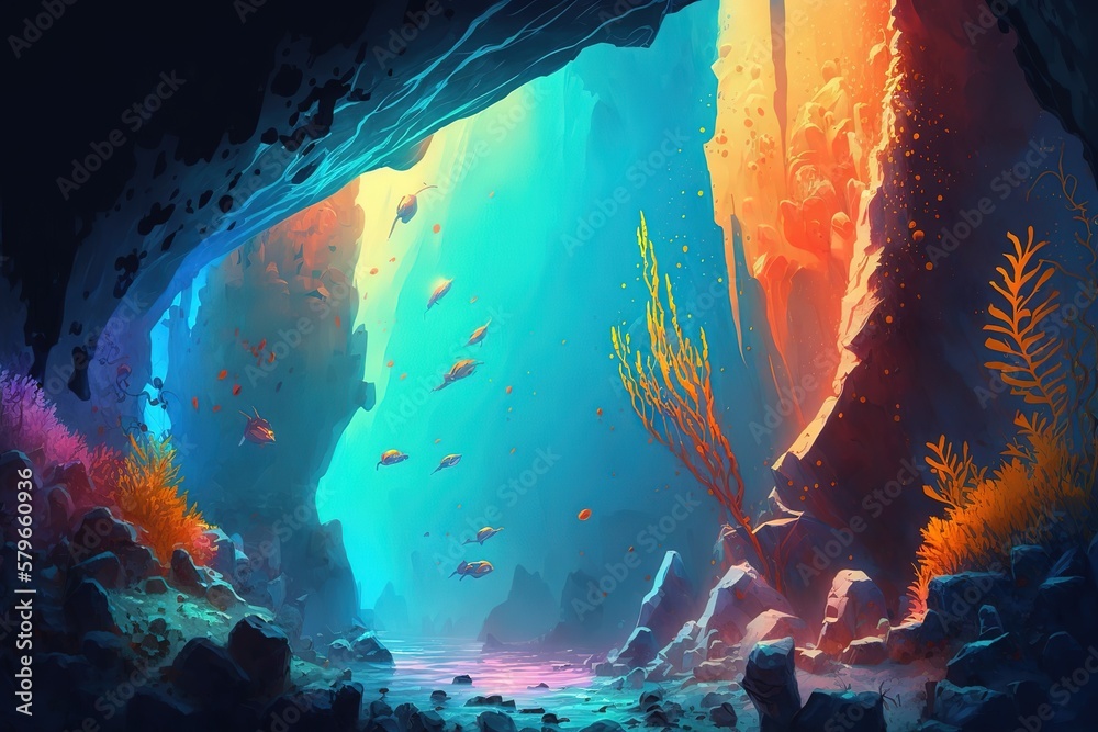 Poster the bottom of a beautiful sea with different fish, corals. generative ai