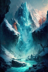 beautiful frozen waterfall in a magical fantasy landscape, Generative AI