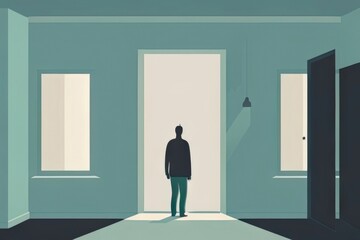 Fototapeta premium A person standing alone in a room adjusting to a new environment. Art painting.. AI generation.