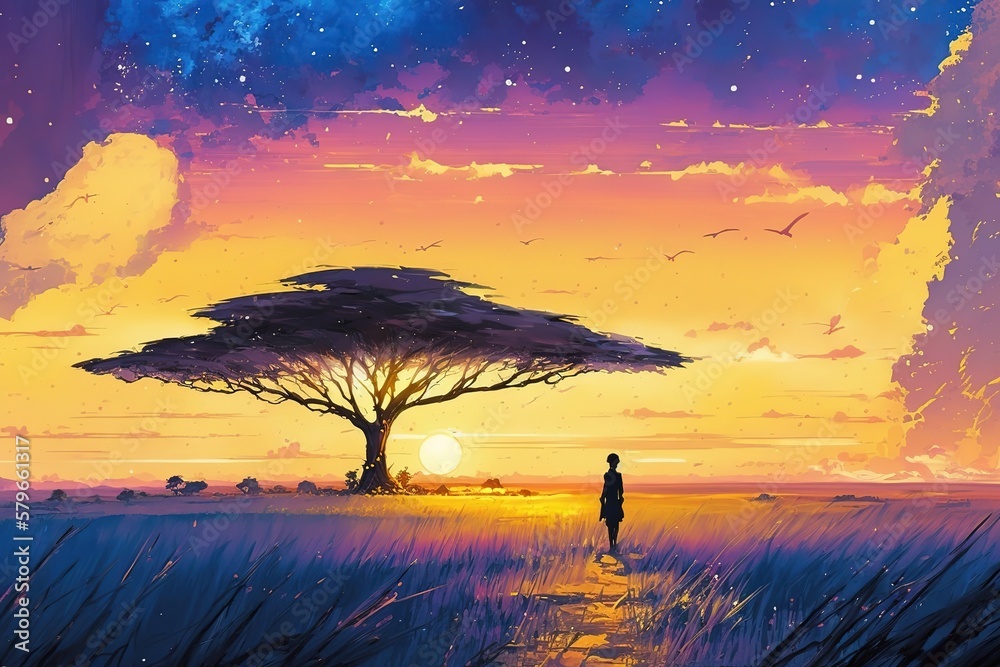 Poster An endless field with grass, a large tree in the sunset. Generative AI