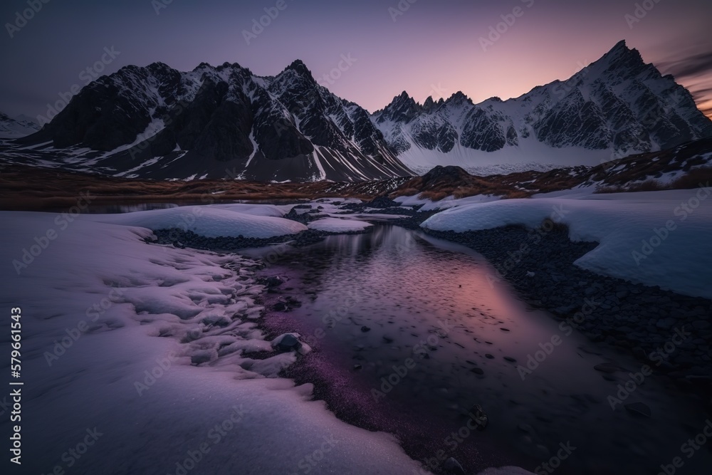 Poster Snowy mountain ranges, mountain lake with blocks of ice under the evening sky. Generative AI