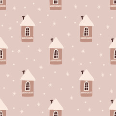 Obraz na płótnie Canvas Cute winter pattern with houses, vector illustration