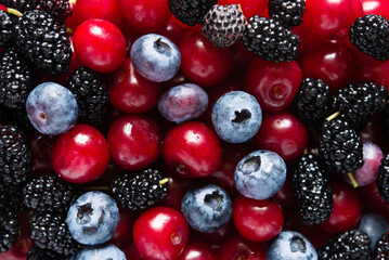 blueberries, cherries and mulberries, summer fruit background
