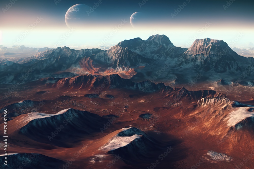 Aufkleber the orange surface of a mountain valley and sharp mountain ranges on the horizon. generative ai