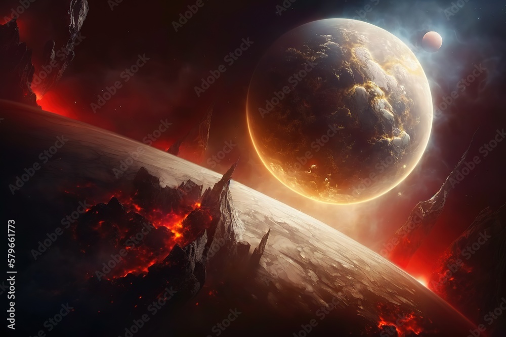 Poster Orange surface of a fiery planet in outer space. Generative AI