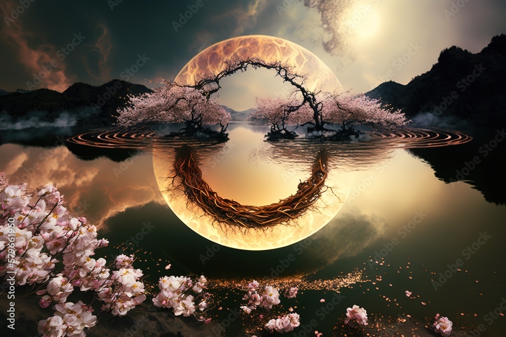 Poster sunset with mysterious radiance over a pond, mountain ranges on the horizon. generative ai