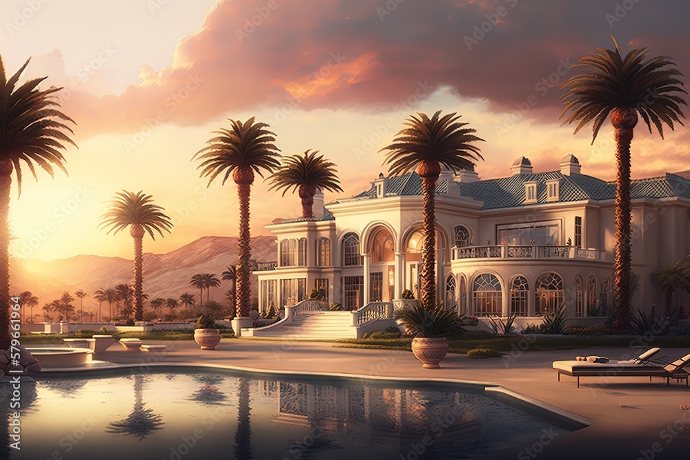 Poster the beautiful, white house is surrounded by large palm trees and a pool of clear water under blue sk