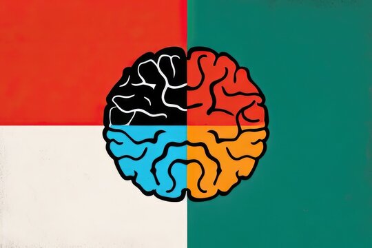 A Brain With Two Hemispheres Each Colored Differently Symbolizing The Many Sides Of Bias. Art Painting.. AI Generation.