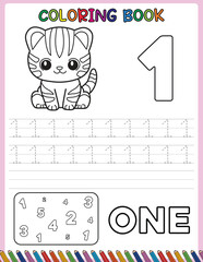 Animals cartoon. Number trace worksheet for kids and coloring book. Black and white. Activity Book.
