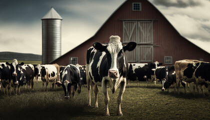 The concept of agriculture industry, farming, and animal husbandry is exemplified by a herd of cows eating hay in a cowshed on a dairy farm, created with generative ai technology.