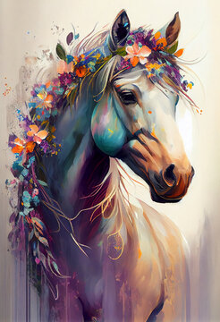 A charming portrait of a horse with a dynamic pose is depicted in this stunning oil painting. The horse animal is set against a backdrop of delicate florals. Generative AI.