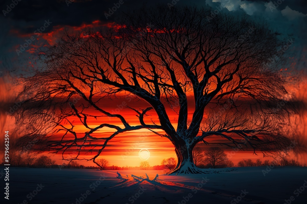 Poster big tree and sunset over the lakes in red. generative ai