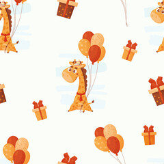 Seamless pattern with cute giraffe in birthday hat with balloons on white background with gifts. Vector illustration for kids collection, holiday decor, packaging, design, print, wallpaper