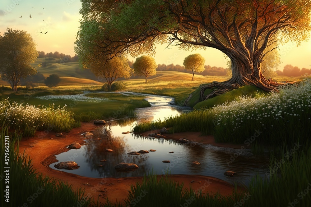 Poster spring landscape with green trees, grass and stream. generative ai