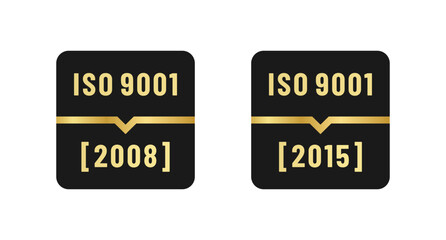 ISO 9001 2008 Label and ISO 9001 2015 Label Vector Isolated in Flat Style. ISO 9001 conformity to standards mark 2008 and 2015 years of standardization. ISO 9001 Label Vector.