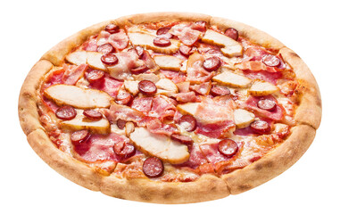 Delicious pizza with chicken fillet, bacon, ham sausages, mozzarella and tomato sauce, cut out