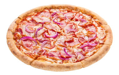 Delicious pizza with bacon, ham, mozzarella, onion and tomato sauce, cut out