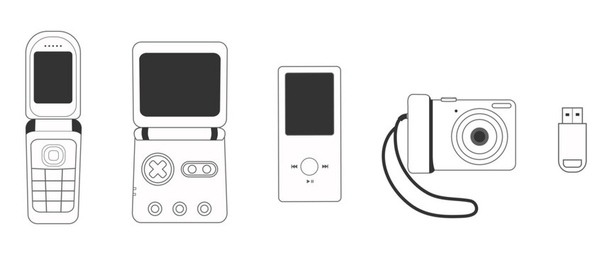 Minimalist Illustrations of Y2k Nostalgia Gadgets Technology Including Flip Phone, Portable Gaming Device, MP3 Player, Digital Camera, and USB Stick
