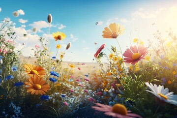 Fototapeta na wymiar Beautiful, sunny spring summer meadow. Natural colorful panoramic landscape with many wild flowers and blue sky. Generative AI.