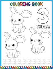 Rabbit cartoon. Black and white animal lines. Coloring book for kids. Activity Book. Number preschool worksheet.
