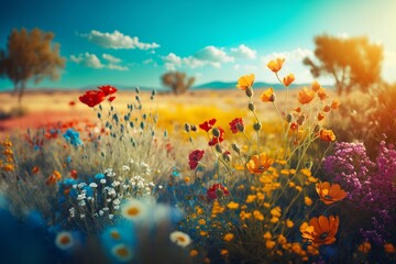 Beautiful, sunny spring summer meadow. Natural colorful panoramic landscape with many wild flowers and blue sky. Generative AI. - 579663195