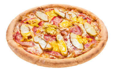 Delicious pizza with chicken fillet, ham, mozzarella and cheddar cheese, cut out