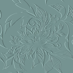 Beautiful flowers textured 3d seamless pattern. Floral embossed vintage vector background. Grunge ornate relief backdrop. Line art  hand drawn tropical flowers, leaves. Surface plants ornaments