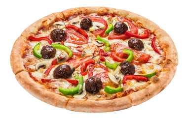Delicious pizza with meatballs, tomatoes, mushrooms, peppers and mozzarella, cut out