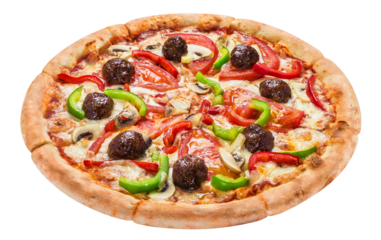 Delicious pizza with meatballs, tomatoes, mushrooms, peppers and mozzarella, cut out